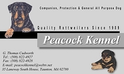 Peacock Kennel - Taunton, Massachusetts
G. Thomas Cudworth
Tel : (508) 822-4927
Fax: (508) 345-5055  Email: peacockkennel@hotmail.com